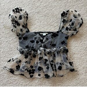 Kimchi Blue Black Floral Mesh Babydoll Puff Sleeve Top – Sheer Blouse